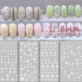 MWOOT 4 Blatt Weiße Blumen Nagelaufkleber Abziehbilder,3D Nail Art Stickers Set,Nagelsticker Selbstklebend Nail Art Tattoo Aufkleber für DIY Nagel Kunst Dekoration