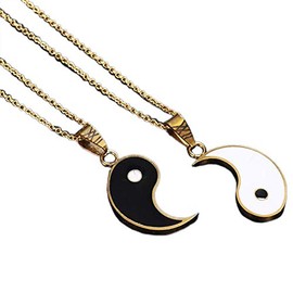 2pcs Yin Yang Matching Couples Puzzle Pendant Necklace Stainless Steel Sun and Moon for His and Hers Lover Best Friends Friendship Jewelry-Gold