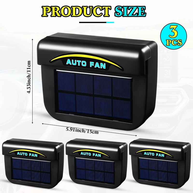 Tujoe 3 Pcs Solar Powered Car Ventilator Vehicle Exhaust Fan