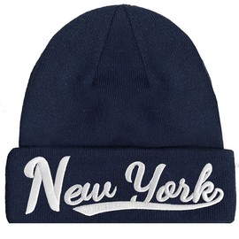 New York 3D Embroidery Classic Cuffed Knit Hat Beanie Toque Skull Cap - Navy OneSize