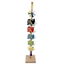 Genki Doll Workshop Koinobori Fluffy Koinobori Koinobori Indoor Carp 5 Carp Hanging Ornaments Indoor Crepe Cute Wall Hanging with Natural Wooden Stand Tango Festival First Festival Indoor Carp Banner Set 26.8 inches (68 cm) Gold Thread Embroidery Hanging