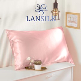 LanSilk Silk Pillowcase Eye Mask: 100% Natural Silk Travel Gift Set for Hair Skin Soft Hypoallergenic Breathable Mulberry 22 Momme 6A Organic OEKO TEX Envelope 50x75cm 600 Thread Count (Pink)