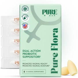 PURE WOMAN Pure Flora Vaginal Probiotic Suppository - 4 Strain Lactobacillus + Lactoferrin + USP Hyaluronic Acid - Promotes Healthy Vaginal Microbiome, Odor, BV, pH Balance, & Dryness Relief -10 Count