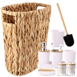 Bathroom Accessory Set with Wicker Trash Can, Beige Bathroom Accessories Set White Bathroom Sets Small Waste Basket for Bedroom Bathroom