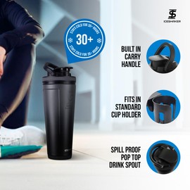Ice Shaker Insulated Stainless Steel Shaker Bottle | 26oz, Black/Grey | Cold for 30+ Hours | Insulated Cup with Twist-on Agitator | Odor-Free Shaker Cup for Protein Shakes, Smoothies, Cocktails