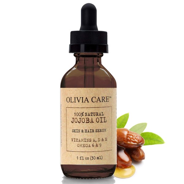 Jojoba Oil Serum by Olivia Care 100% Natural - Pure & Cold Pressed - for Face, Body & Hair - Infused with ANTIOXIDANTS, Vitamin A, D, E & Omega 6, 9 | Moisturizing & Hydrating | All Skin Types – 1 OZ