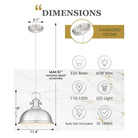 Audickic Pendant Lights Kitchen Island, Farmhouse Hanging Lights Fixtures with Metal Shade, Rustic Kitchen Pendant Lighting Over Island for Dining Room, Brushed Nickel, AD-2151-1PL-SN