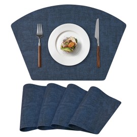 Round Table Placemats Set of 4, Faux Leather Wedge Shape Place Mats Heat Resistant Wipeable Washable Table Mats for Dining Outdoor Indoor, Dark Blue
