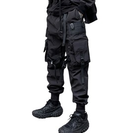 HaiZi XiHuan Men's Functional Style Paratrooper Pants Tactical Cargo Pants Techwear Pants Punk Streetwear Pants Goth Pants(Black,L)