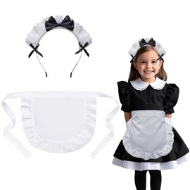 SwirlColor Kids Aprons for Cooking, Waist Pleated Lace White Apron Retro Multiuse Kids Apron for Kitchen Costume Party, with a Headband for Girls Aged 7-10