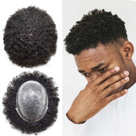 Hair Units for Black Men Afor Toupee for Man Curly Hair Replacement System Kinky Male Hairpieces 1# Jet Black, 8mm Coily Wavy