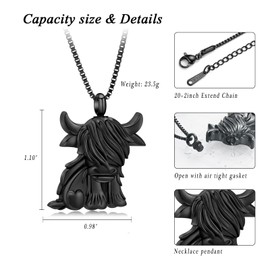 XSMZB Bull Urn Necklace for Ashes of Loved One Stainless Steel Highland Cattle Cremation Jewelry Keepsake Ashes Holder Memorial Pendant for Men Women(Highland Cow-Black)