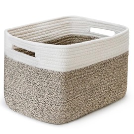 Shelf Woven Storage Basket, Closet Rope Baskets For Organizing, 15 x 9.8 x 9.1” Square Bins with Handles, White+Rice Brown 1 Pack