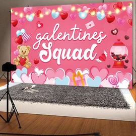 Galentines Day Photo Backdrop,Happy Galentines Day Banner, 45.3’’ x 70.8’’ Galentine Squad Photo Booth Props Background,Galentine’s Day Party Decorations for Girls Ladies Valentines Day Party Supplies