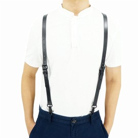 Men's Black Genuine Leather Steampunk Y Back Suspenders with 3 Snap Hooks Great for Wedding & Party