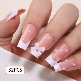 WAFOLOZE White French Tip Press On Nails - Long Press On Nails Square Fake Nails with Pink Bow&Pearl Charm, Artificial Nails 16 Sizes - 32Pcs False Nails Tips Kit, Stick On Nails for Women