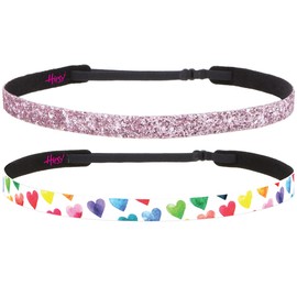 Hipsy Adjustable & No Slip Kisses & Heart Headband Multi Sets for Girls (White & Light Pink 2pk)