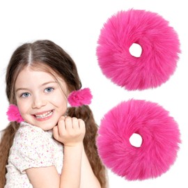 2 Pcs Pom Pom Hair Tie, Fuzzy Furry Faux Rabbit Fur Scrunchies Baby Hair Ties Ponytail Holders Plush Hairs Accessories for Girls Women (Hot Pink)
