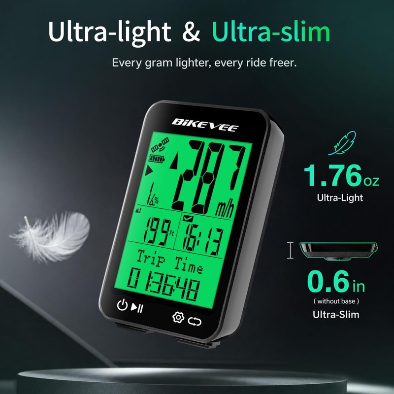 Bikevee GPS Bike Computer, 2.4" Display, IPX7, 8 Languages, Green