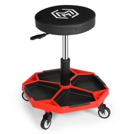 M-AUTO Pneumatic Mobile Rolling Garage Stool with Equipment Tray and All-Terrain Casters 300LBS Capacity Creeper, 16.5" to 22" Adjustable Height Mechanics Roller Seat, Red