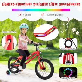 BABY JOY Lighted Kids Bike, 16 Inch LED Lighted Frame Children Bicycle with Headlight, Adjustable Seat, Training Wheels, Coaster Brake & Handbrake, Girls Boys Bike for 4-7 Years (Red)