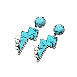 Western Turquoise Lightning Bolt Stud Earrings Natural Green Stone Thunder Flash for Women Cowgirls Punk Party Statement Jewelry-Turqoise Silver