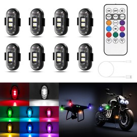Amiline Wireless LED Lights for Car 8PCS with Remote Control, Wireless LED Strobe Lights 8 Colors USB Charge IP65 Waterproof Anti-Collision for Car Motorcycle Drone RC Aircraft Bike, Black