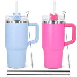 Icesip 14oz Tumbler with Handle and Straw, 2Pack Stainless Steel Vacuum Insulated Tumblers, Water Cup for Kids School Outdoor Travel, Blue&Rose Red