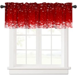 Red Christmas Snowflakes Window Valance Curtain, Merry Xmas Holiday Window Treatment Valances for Kitchen Living Room Café Décor 54'x18', 1 Panel