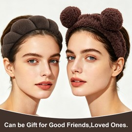 6Pcs Spa Headband for Washing Face Wristband Set Sponge Makeup Skincare Terry Cloth Headband Bubble Soft Bear Ears Hairband Women Puffy Padded Headwear Non Slip Hair Accessory(Dark Brown)
