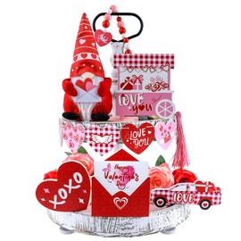 Valentines Day Decorations,14PCS Valentine Tiered Tray Decor Gnomes Plush Valentine XO Love Wood Signs Buffalo Truck Beads Garland Heart Table Sign Valentines Day Decor for Home Decor