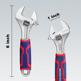 WORKPRO 6-inch Adjustable Wrench, Wide Jaw Opening Wrench with Rubber Anti-slip grip, Metric/SAE Scales, Premium Cr-V Steel, Chrome Plated
