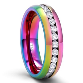 TIGRADE 4mm 5mm 6mm Titanium Ring Cubic Zirconia Engagement Ring Wedding Band Size 3 to 13.5 (Rainbow, 7.5)