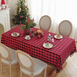 Laolitou Checkered Tablecloth Rectangle Washable Buffalo Plaid Christams Table Cloth with Tassel Cotton Linen Gingham Table Cover for Dining Room, Red and Black, Rectangle, 55''x86'', 6-8 Seats