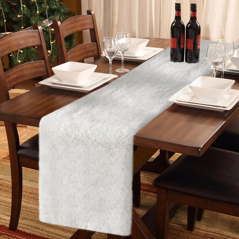 tiosggd White Faux Fur Table Runner, 15'' x 72'' Wide