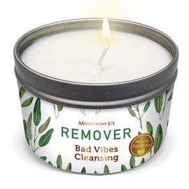 Magnificent 101 Bad Vibes Remover Aromatherapy Candle in 6-oz. Tin Holder: 100% Natural Soy Wax with Pure Sage Leaves & Essential Oils; for Intention Setting, Energy Cleansing and Mental Clarity