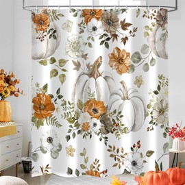 PAOPOED Fall Pumpkin Shower Curtain for Bathroom, Autumn Floral Leaves Thanksgiving Harvest Bath Curtain, Fall Seaeon Farmhouse Rustic Bathroom Decor Fabric with Hooks, Washable Polyester 72x72