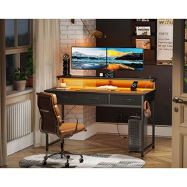 ODK 48 Inch Computer Desk with 3 Drawers and USB Power Outlets, Home Office Desks with LED Lights and Adjustable Monitor Stand, Work from Home, Modern Work/Writing/Study Table for Bedroom, Black