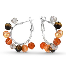 Aeravida Elegance Boho Round & Orange Stone Latch Back Sterling Silver Hoop Earrings | Casual Jewelry for Women | Earrings for Women, Metal, not known