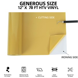 FUNKAKA Golden HTV Heat Transfer Vinyl Rolls, 12" x 70ft Glossy Golden Iron on Vinyl for T-Shirt, Adhesive HTV Vinyl for All Cutter Machines Easy to Cut & Weed for Heat Vinyl Design