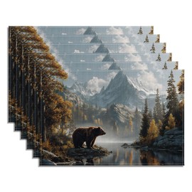 Bear Forest Mountain Placemats Set of 6, Rustic Wild Animal Linen Place Mats Farmhouse Washable Stain Resistant Table Mats for Home Party Kitchen Dining, 12x18 Inch