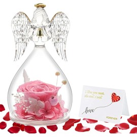 Rosa Preservada en Figuritas de Ángel de Vidrio - Regalos de Cumpleaños Rose para Mujeres y Mamá, Abuela, Esposa para Ella en Navidad, Día de San Valentín, Día de la Madre, Acción de Gracias (Rosa)
