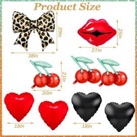 9 Pcs Red and Black Foil Balloons Set - 38” Cheetah Print Bow, Red Lips, Cherry & Black Heart Balloons for Bachelorette Party, Girls Night, Kiss the Miss Goodbye, Cheetah Print Birthday Celebrations