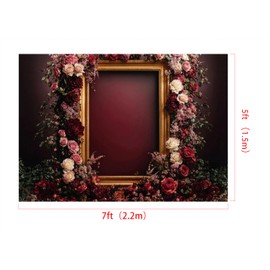 Kate Photography Backdrop 2.2 x 1.5 m Retro Red Art Flowers Background for Wedding Photo Gold Frame Photography Background Maternity Portrait Birthday Decor Photo Studio