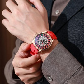 Minskolei Shield Men's Watch Automatic Hollow Mechanical Roulette Wheel Design 30M Waterproof Casual Fashion Wristwatches for Men (Rubber Red)