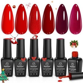 Beetles Red Gel Polish Set - 6 Colors Burgundy Red Gel Nail Polish Popular Shimmer Red-Obsession Collection Nails Art Design Soak Off Uv LED Nail Kit Minicure DIY Home Christmas Nails Set