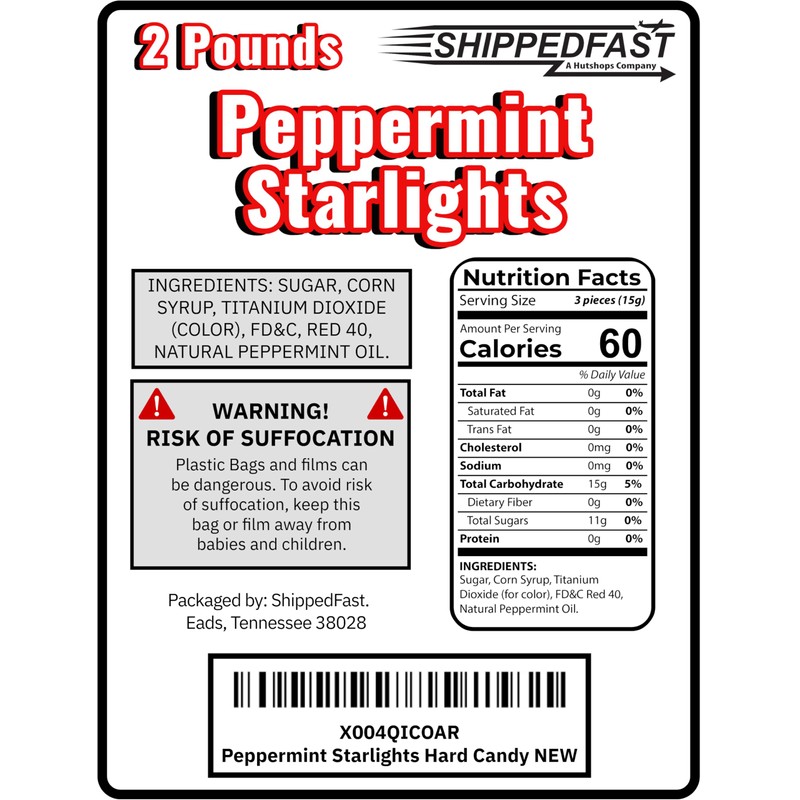 Peppermint Starlights (2lbs) Candy Mints. Real Peppermint Oil Infused Hard