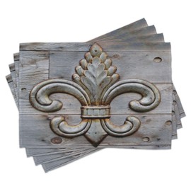Ambesonne Fleur De Lis Place Mats Set of 4, Lily on Weathered Old Wooden Planks Historical Theme Image, Washable Fabric Placemats for Dining Table, Standard Size, Charcoal