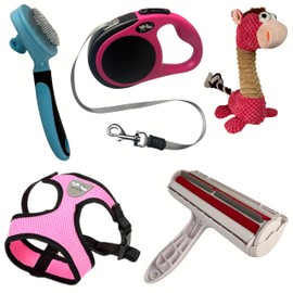 5pc Puppy Supplies Starter Kit, Retractable Leash, Mesh Dog Harness Vest, Pet Grooming Brush, Pet Hair Removal Roller, Squeaky Plush Toy, Dog and Puppy Gift Set - Pink (Small Dog Harness Vest)