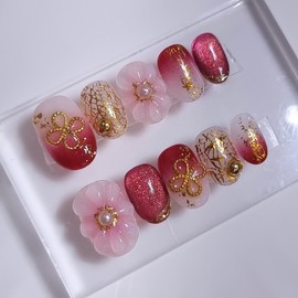New Year's Honghwa Handmade Nail Tips - Stiletto / 신년홍화 수제네일팁 - 스틸레토